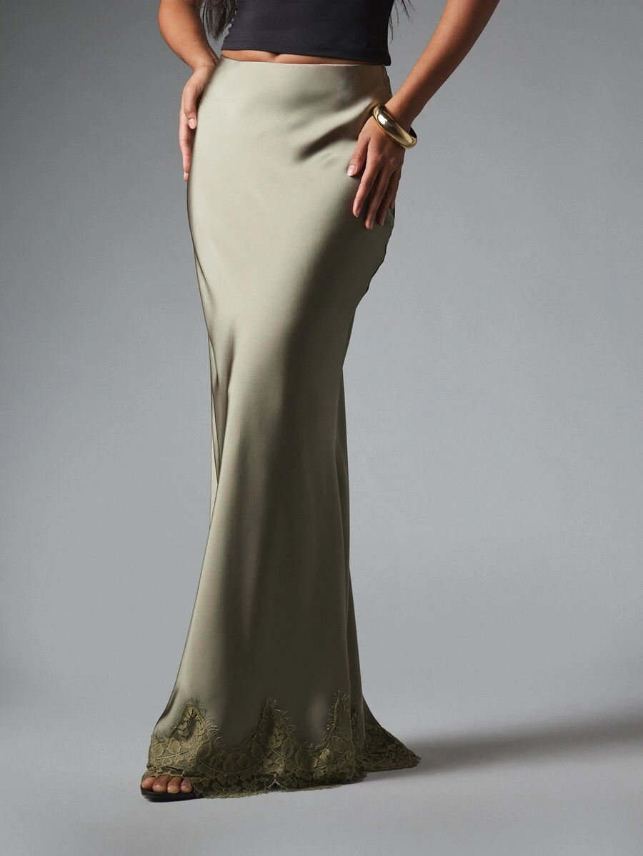 MISSGUIDED Rok Maxi Berhiaskan Renda Satin, Potongan Miring, Hem Mengembang, Panjang Hingga Lantai, Gaya Elegan untuk Acara Malam, Musim Semi/Musim Panas - Dark Green - View 1