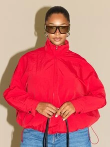 FASHION SZN Plus Size Nylon Zip Track Jacket Pocket Detail Anorak Jacket Spring Hike Active Sport Casual Back To School Fitness Everyday Technical Fabric Red Trending - Red - View 1