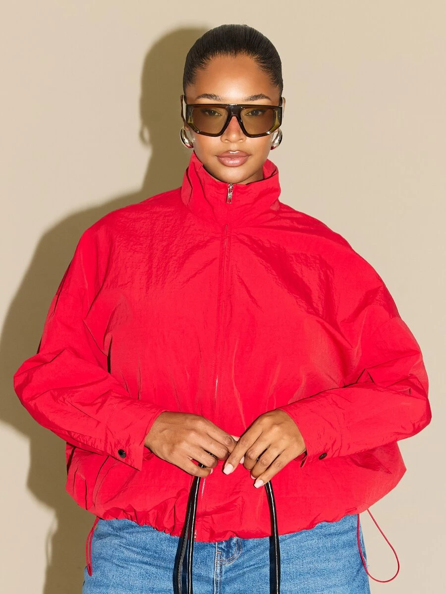 FASHION SZN Plus Size Nylon Zip Track Jacket Pocket Detail Anorak Jacket Spring Hike Active Sport Casual Back To School Fitness Everyday Technical Fabric Red Trending - Red - View 1