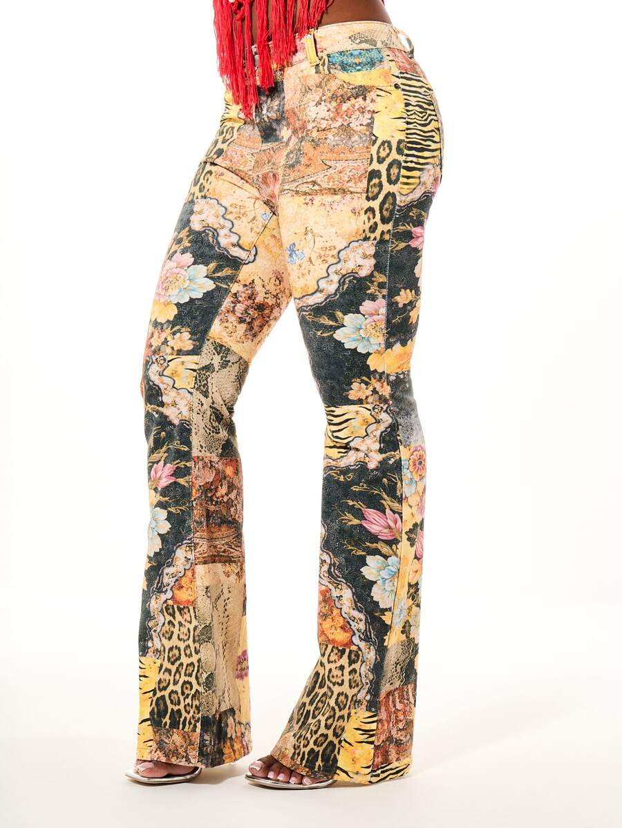 SUMWON Mixed Animal Floral Print High Rise Bell Bottom Flared Jeans Patchwork AOP Leopard Tiger Botanical Festival Summer Statement Pants - Multicolor - View 1