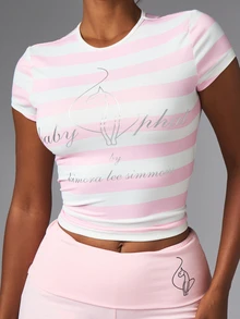 BABYPHAT Women's Striped Color Block Fitted Versatile Casual Short Sleeve T-Shirt - Baby Pink - View 2
