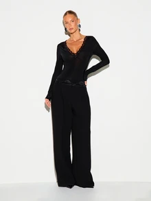 KIZN Lace Trim Plunge V-Neck Long Sleeve Fitted Top With Scallop Hem Detail Perfect For Date Night Or Holiday Party - Black - View 3