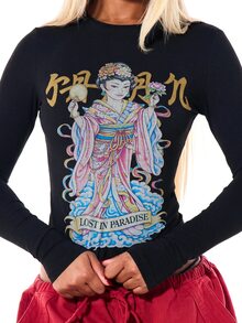 SUMWON WOMEN Geisha Graphic Long Sleeve Crop Top With Asian Inspired Print And Chinese Script - Y2K Winter Festival Style - Black - View 4