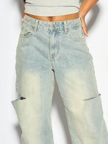 SUMWON WOMEN Wide Leg Ripped Jeans With Acid Wash Distressed Knee Cutouts Low Rise Baggy Fit Retro Y2K Style Long Denim Trousers - Light Wash - View 3