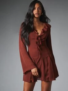 Ruffle V-Neck Tie-Front Mini Dress With Bell Sleeves Fit And Flare Silhouette Fall Winter Party Evening - Dark Brown - View 1