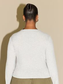 FASHION SZN Plus Size Casual Square Neck Ribbed Long Sleeve Top Layering Basics Essentials Grey Marl Wear To Work School Campus University Comfy Y2K Soft Rib Curve - Grey - View 2