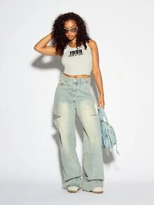 SUMWON WOMEN Wide Leg Ripped Jeans With Acid Wash Distressed Knee Cutouts Low Rise Baggy Fit Retro Y2K Style Long Denim Trousers - Light Wash - View 2
