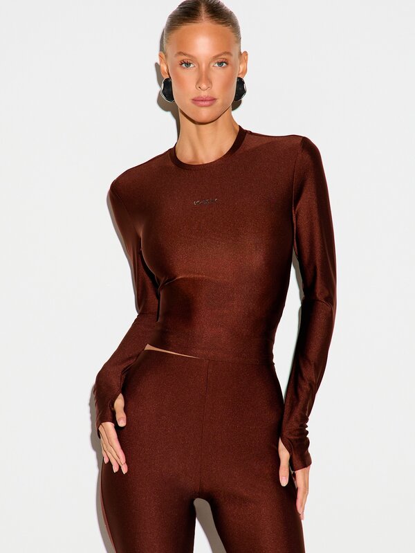 KIZN Shiny Chocolate Long Sleeve Crew Neck Cropped Top Slim Fit Stretch Slinky Style Perfect For Party Night Out Holiday Season