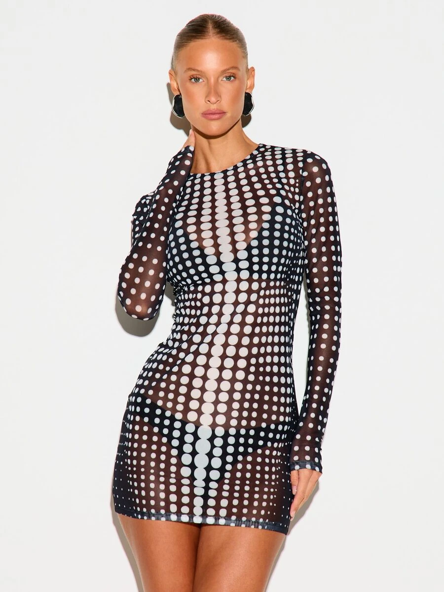 KIZN Gaun Mini Bodycon Lengan Panjang Jala Transparan dengan Motif Polkadot Halftone untuk Pesta, Klub Malam, Festival Musim Panas - Hitam dan Putih - View 1