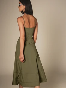 KSTM Square Neck Spaghetti Strap Midi Dress With Tiered A-Line Skirt And Back Zip Closure For Summer Vacation - Army Green - View 2