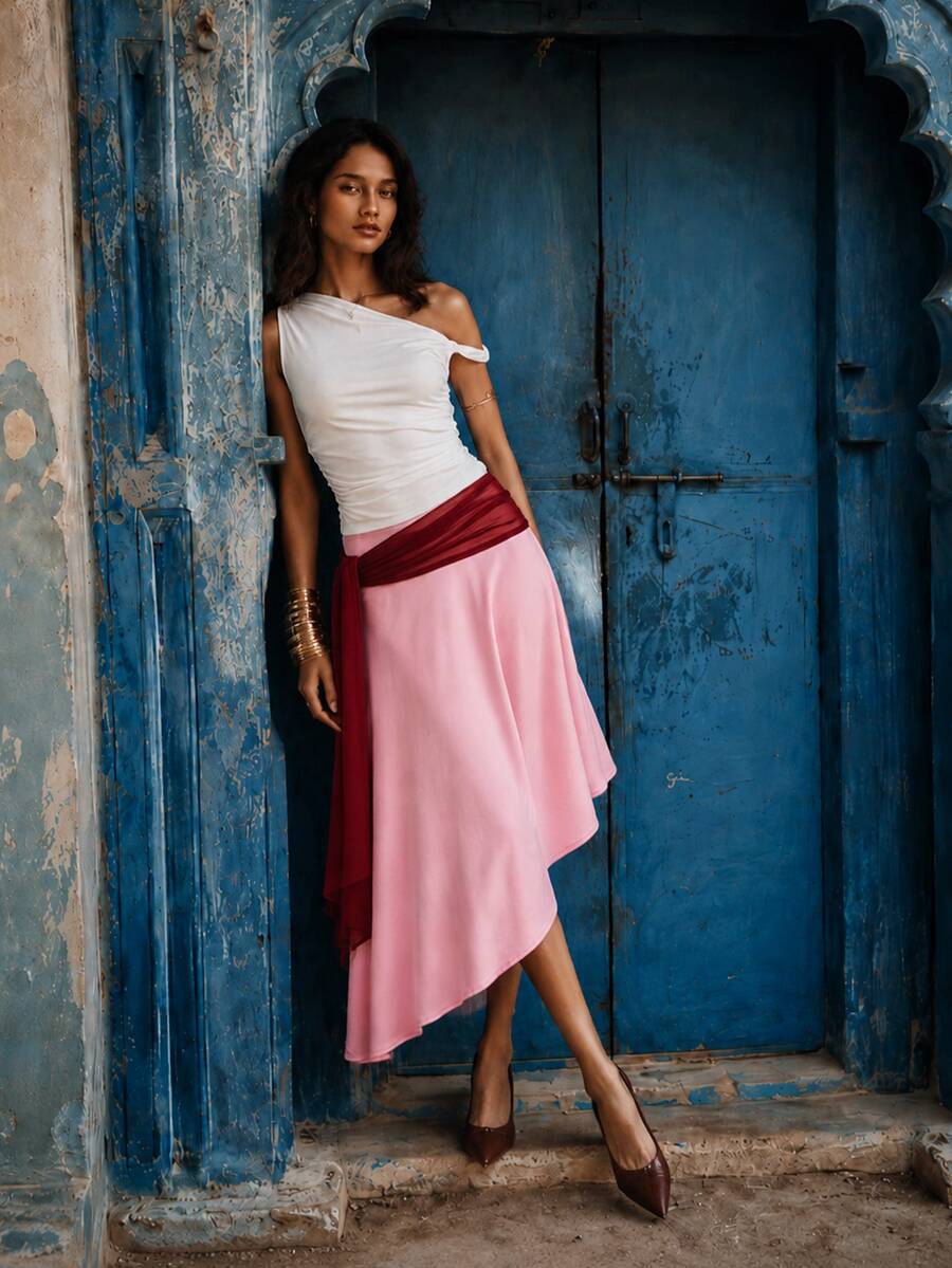 Zerodot Women Red Ruched Waist Pink Asymmetric Midi Elegant Skirt Casual Daily Spring Fall - Pink - View 1