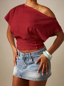 MISSGUIDED One Shoulder Lace Trim Crop Top With Draped Batwing Sleeve And Off-Shoulder Neckline - Summer Night Out Party Style - Red - View 4
