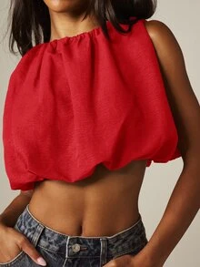 MISSGUIDED Ruched Gathered Neckline Sleeveless Crop Top Balloon Hem Boxy Flowy Cropped Blouse Summer Festival Party Vacation Top - Red - View 5