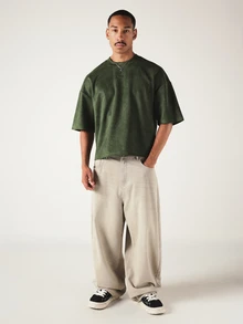 SUMWON Oversized Boxy Crop Suede Textured Crew Neck Short Sleeve T-Shirt With Tonal Back Embossed Graphic Logo Print - Green - View 3