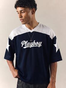 PLAYBOY X SUMWON Oversized Mesh Jersey V-Neck Color Block Star Print Football Top With Bunny Logo Back Graphic - Blue and White - View 6