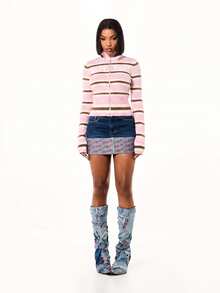 BABYPHAT Striped Zip-Up Knit Sweater Jacket With Turtleneck Logo Detail And Ribbed Cuffs Retro Y2K Style - Pink - View 3