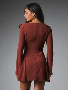 Ruffle V-Neck Tie-Front Mini Dress With Bell Sleeves Fit And Flare Silhouette Fall Winter Party Evening - Dark Brown - View 2