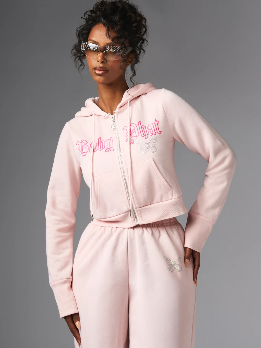 BABYPHAT Rhinestone Butterfly Zip-Up Cropped Hoodie With Gothic Logo Print And Centre Pocket - Y2K Streetwear Fall Essential - Baby Pink - View 1