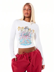 SUMWON WOMEN Geisha Graphic Long Sleeve Crop Top With Japanese Kanji Print Round Neck Fitted Y2K Slim Fit Tee Spring - White - View 5