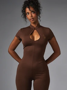 BABYPHAT Chocolate Brown Capri Jumpsuit With Keyhole Cutout High Neck Cap Sleeve Gold Logo Bodycon One-Piece - Brown - View 4