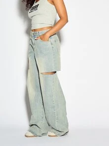 SUMWON WOMEN Wide Leg Ripped Jeans With Acid Wash Distressed Knee Cutouts Low Rise Baggy Fit Retro Y2K Style Long Denim Trousers - Light Wash - View 4