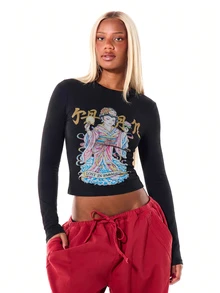 SUMWON WOMEN Geisha Graphic Long Sleeve Crop Top With Asian Inspired Print And Chinese Script - Y2K Winter Festival Style - Black - View 5