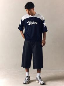 PLAYBOY X SUMWON Oversized Mesh Jersey V-Neck Color Block Star Print Football Top With Bunny Logo Back Graphic - Blue and White - View 3