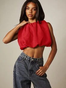 MISSGUIDED Ruched Gathered Neckline Sleeveless Crop Top Balloon Hem Boxy Flowy Cropped Blouse Summer Festival Party Vacation Top - Red - View 4