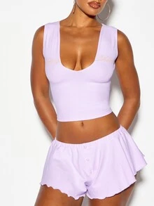 SUMWON WOMEN Scoop Neck Sleeveless Crop Tank Top And Ruffle Hem Foldover Flowy Mini Shorts Co-Ord Two Piece Set Summer Festival - Pink - View 4