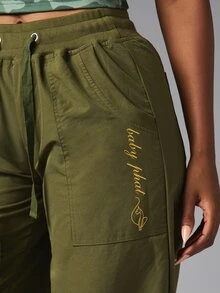 BABYPHAT Wide Leg Casual Pants With Drawstring Waist Patch Pockets And Gold Script Logo Embroidery Full Length - Army Green - View 6