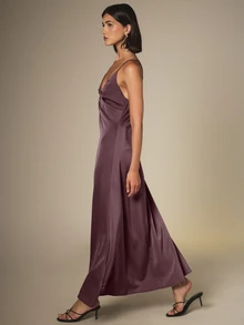 KSTM Satin Maxi Slip Dress With Deep V-Neck Twist Knot Detail Spaghetti Straps Open Back A-Line Evening Gown - Mauve Purple - View 3