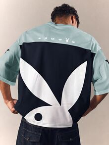 PLAYBOY X SUMWON Oversized Mesh Jersey Top V-Neck Color Block Star Sleeve Bunny Logo Graphic Tee Summer Streetwear - Blue - View 2