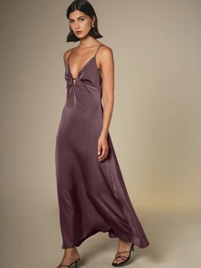 KSTM Satin Maxi Slip Dress With Deep V-Neck Twist Knot Detail Spaghetti Straps Open Back A-Line Evening Gown - Mauve Purple - View 4