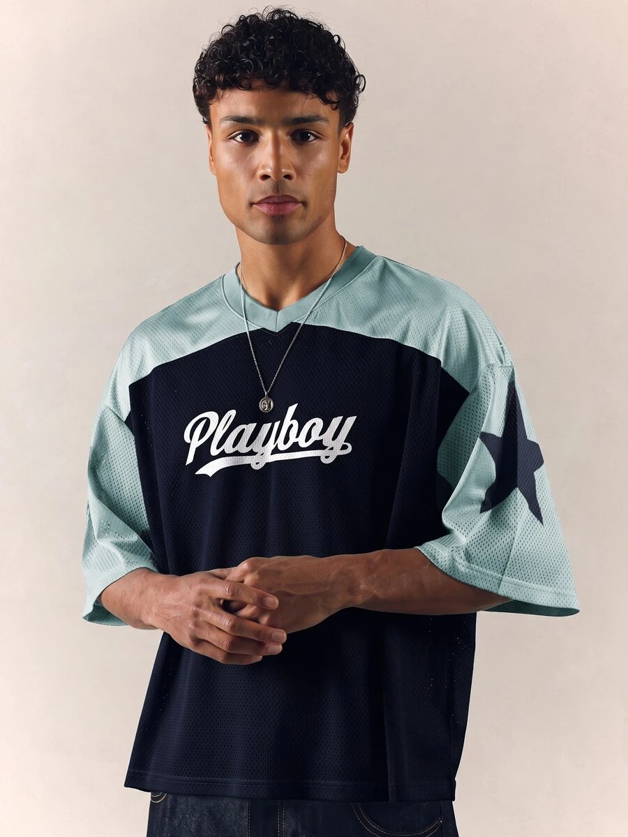PLAYBOY X SUMWON Oversized Mesh Jersey Top V-Neck Color Block Star Sleeve Bunny Logo Graphic Tee Summer Streetwear - Blue - View 1