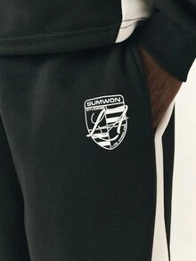 SUMWON Team Wide Leg Track Pants With Side White Stripe Contrast Detail And Number 26 Logo Print For Casual Everyday Wear - Black - View 5