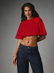 MISSGUIDED 寬鬆方正短版上衣，波浪下擺、圓領、短袖，適合夏季音樂節、派對、夜晚外出 - 紅色 - 查看 5
