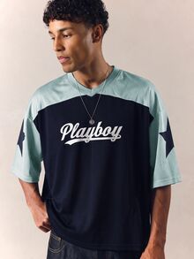 PLAYBOY X SUMWON Oversized Mesh Jersey Top V-Neck Color Block Star Sleeve Bunny Logo Graphic Tee Summer Streetwear - Blue - View 6