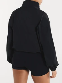 11SKNDS Oversized Cropped Windbreaker Jacket With Full Zip Stand Collar Elasticated Cuffs And Drawstring Hem Festival Summer Outerwear - Black - View 5