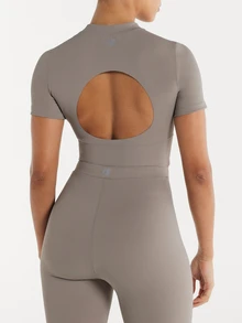 11SKNDS Fitted Crop Top With High Neck Short Sleeves Smooth Stretch Fabric Cropped Hem Summer Essential Minimalist Style With Sweat-Wicking, Breathable, Quick-Dry & Buttery-Soft, For Gym Workout Fitness Yoga Pilates Studio, Running, Training & Hy-Rox - Grey - View 4