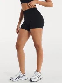 11SKNDS High Rise Ribbed Knit Seamless Cycling Shorts With Sculpting Waistband Mini Length Booty Enhancing Fit With Sweat-Wicking, Stretchy, Quick-Dry & Tummy Control, For Gym Workout Fitness Yoga Pilates Studio, Running, Training & Hy-Rox - Black - View 3