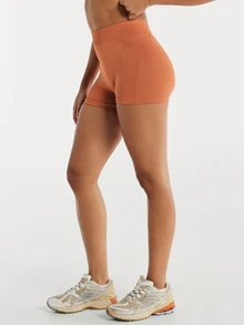 11SKNDS Seamless High Rise Cycling Shorts With Ribbed Contour Panel Detail And Elasticated Waistband Mini Length Booty Lifting Design With Sweat-Wicking, Stretchy, Quick-Dry, Tummy Control & Sculpting, For Gym Workout Fitness Yoga Pilates Studio, Running, Training & Hy-Rox - Orange - View 3