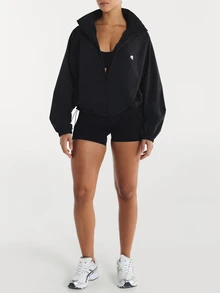 11SKNDS Oversized Cropped Windbreaker Jacket With Full Zip Stand Collar Elasticated Cuffs And Drawstring Hem Festival Summer Outerwear - Black - View 3