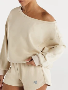 11SKNDS Oversized Crop Sweatshirt Asymmetrical Neck Wide Neckline Long Sleeve Pullover Casual Relaxed Fit Lounge Top Spring Essential - Beige - View 1