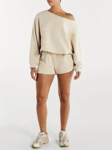 11SKNDS Oversized Crop Sweatshirt Asymmetrical Neck Wide Neckline Long Sleeve Pullover Casual Relaxed Fit Lounge Top Spring Essential - Beige - View 3