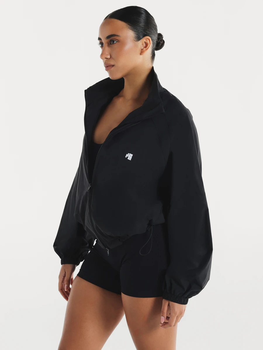 11SKNDS Oversized Cropped Windbreaker Jacket With Full Zip Stand Collar Elasticated Cuffs And Drawstring Hem Festival Summer Outerwear - Black - View 1