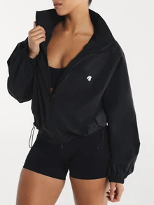 11SKNDS Oversized Cropped Windbreaker Jacket With Full Zip Stand Collar Elasticated Cuffs And Drawstring Hem Festival Summer Outerwear - Black - View 2