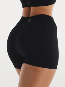 11SKNDS High Rise Ribbed Knit Seamless Cycling Shorts With Sculpting Waistband Mini Length Booty Enhancing Fit With Sweat-Wicking, Stretchy, Quick-Dry & Tummy Control, For Gym Workout Fitness Yoga Pilates Studio, Running, Training & Hy-Rox - Black - View 2