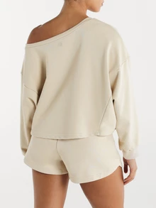 11SKNDS Oversized Crop Sweatshirt Asymmetrical Neck Wide Neckline Long Sleeve Pullover Casual Relaxed Fit Lounge Top Spring Essential - Beige - View 4