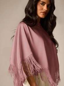 AiiRZ Fringed Poncho Cape Top With High Neck And Asymmetric Hem Boho Chic Overlay For Evening And Holiday Occasions - Dusty Pink - View 2