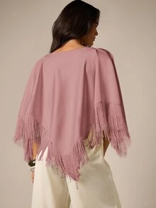 AiiRZ Fringed Poncho Cape Top With High Neck And Asymmetric Hem Boho Chic Overlay For Evening And Holiday Occasions - Dusty Pink - View 3